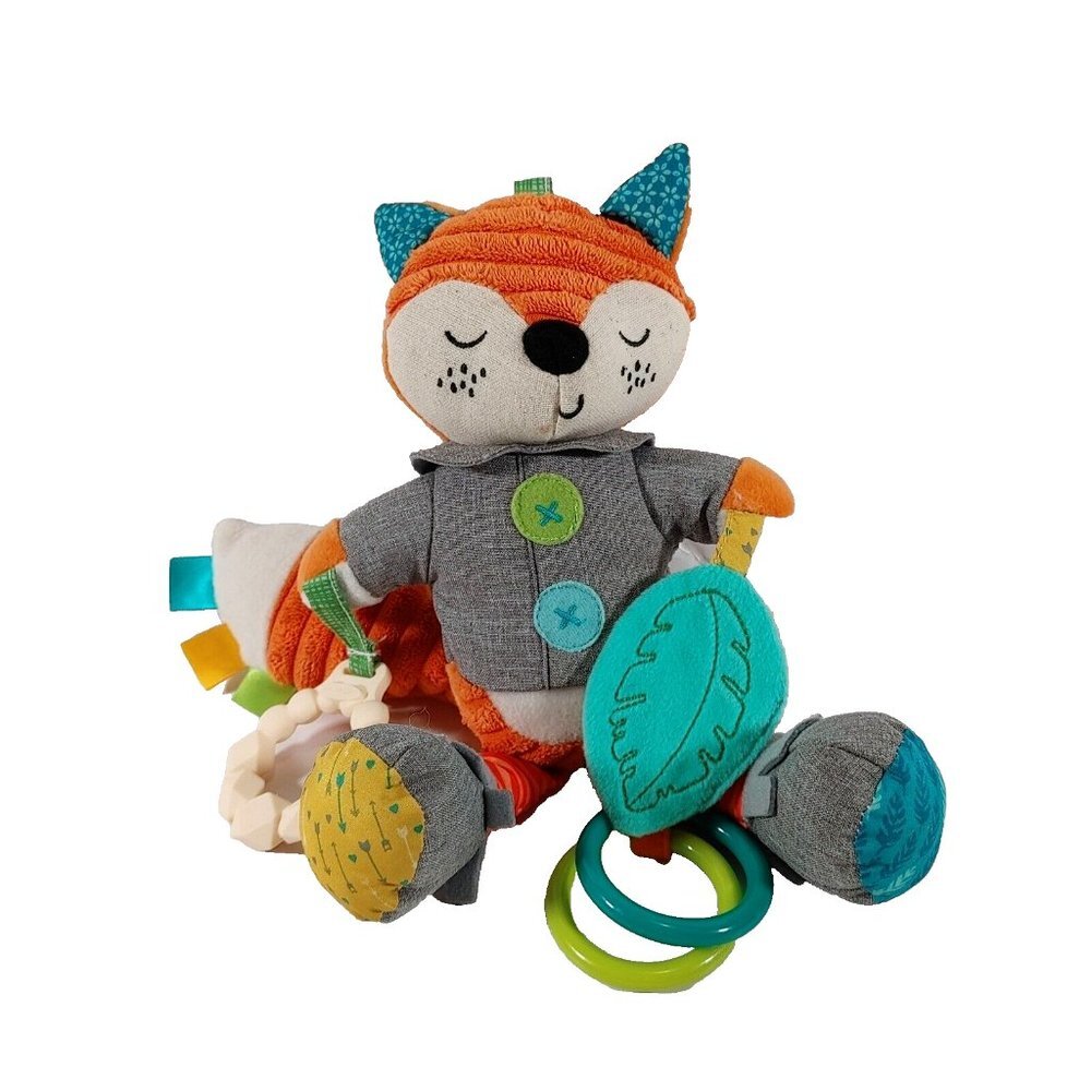 Infantino Orange Fox Plush Sensory Activity Stroller Toy Rattle Teether Gray